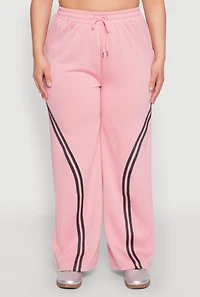 Womens Plus Size Contrast Trim High Waisted Sweatpants, Pink, Size 1X