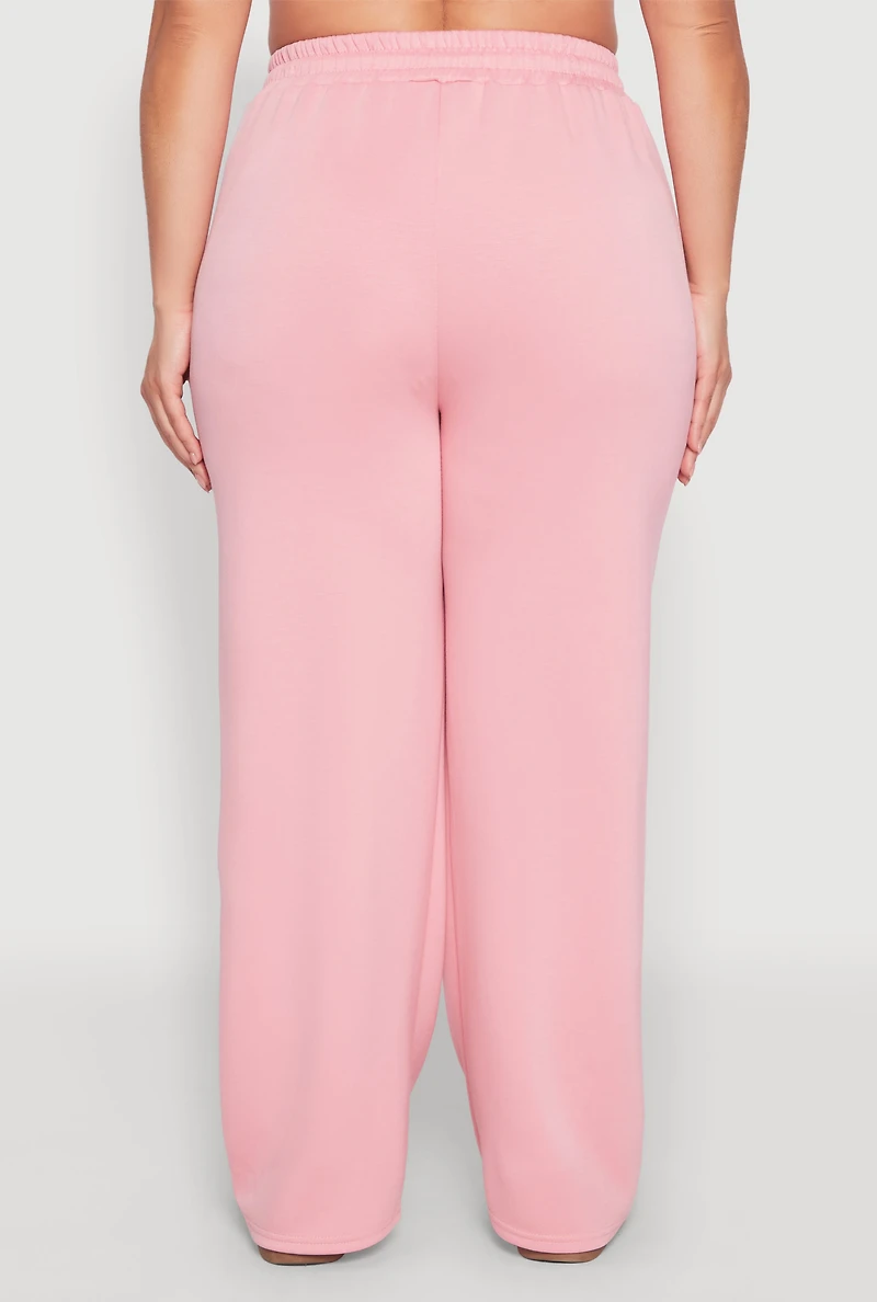 Womens Plus Size Contrast Trim High Waisted Sweatpants, Pink, Size 1X