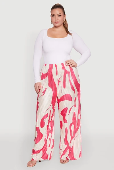 Womens Plus Size Plisse Printed Palazzo Pants, Multi, Size 3X