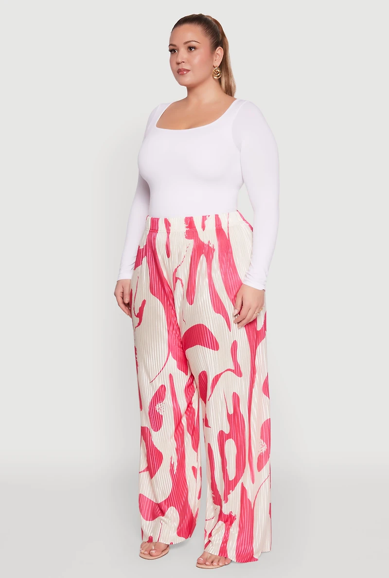 Womens Plus Size Plisse Printed Palazzo Pants, Multi, Size 3X