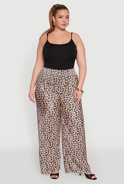 Womens Plus Size Plisse Leopard Print Palazzo Pants, Multi, Size 1X