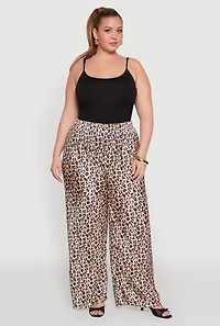Womens Plus Size Plisse Leopard Print Palazzo Pants, Multi, Size 1X