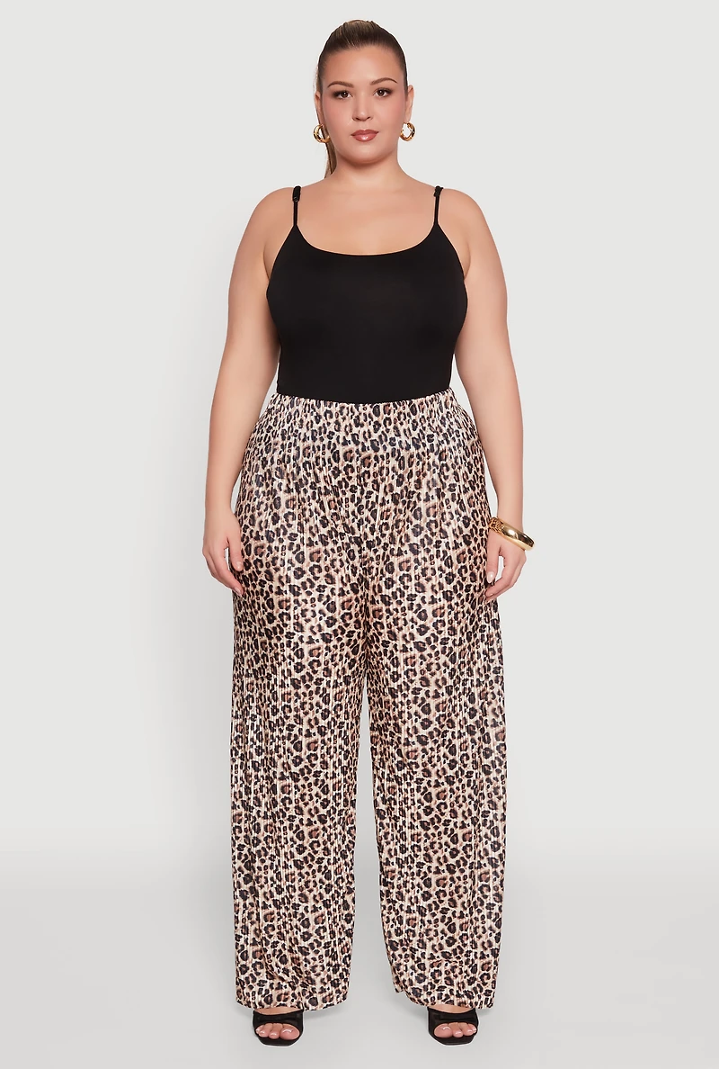 Womens Plus Size Plisse Leopard Print Palazzo Pants, Multi, Size 1X