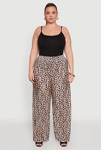Womens Plus Size Plisse Leopard Print Palazzo Pants, Multi, Size 1X