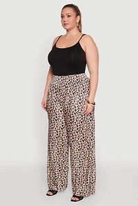 Womens Plus Size Plisse Leopard Print Palazzo Pants, Multi, Size 1X