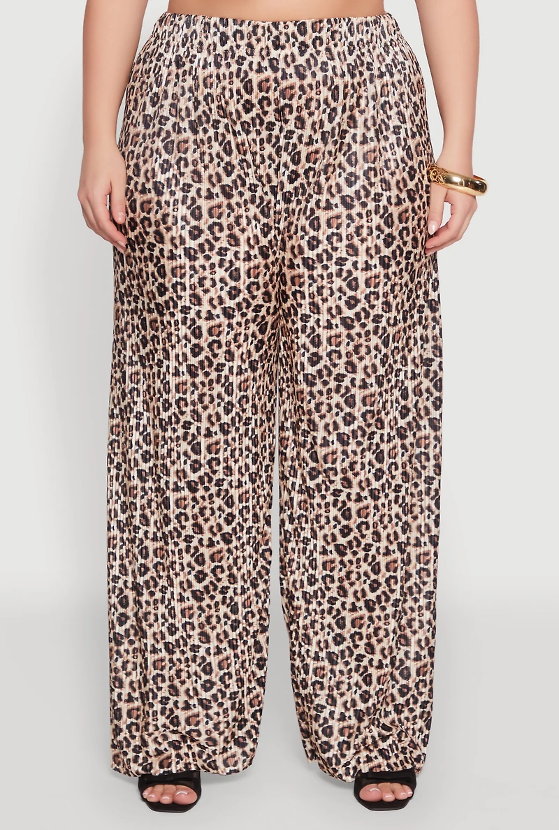 Womens Plus Size Plisse Leopard Print Palazzo Pants, Multi, Size 1X