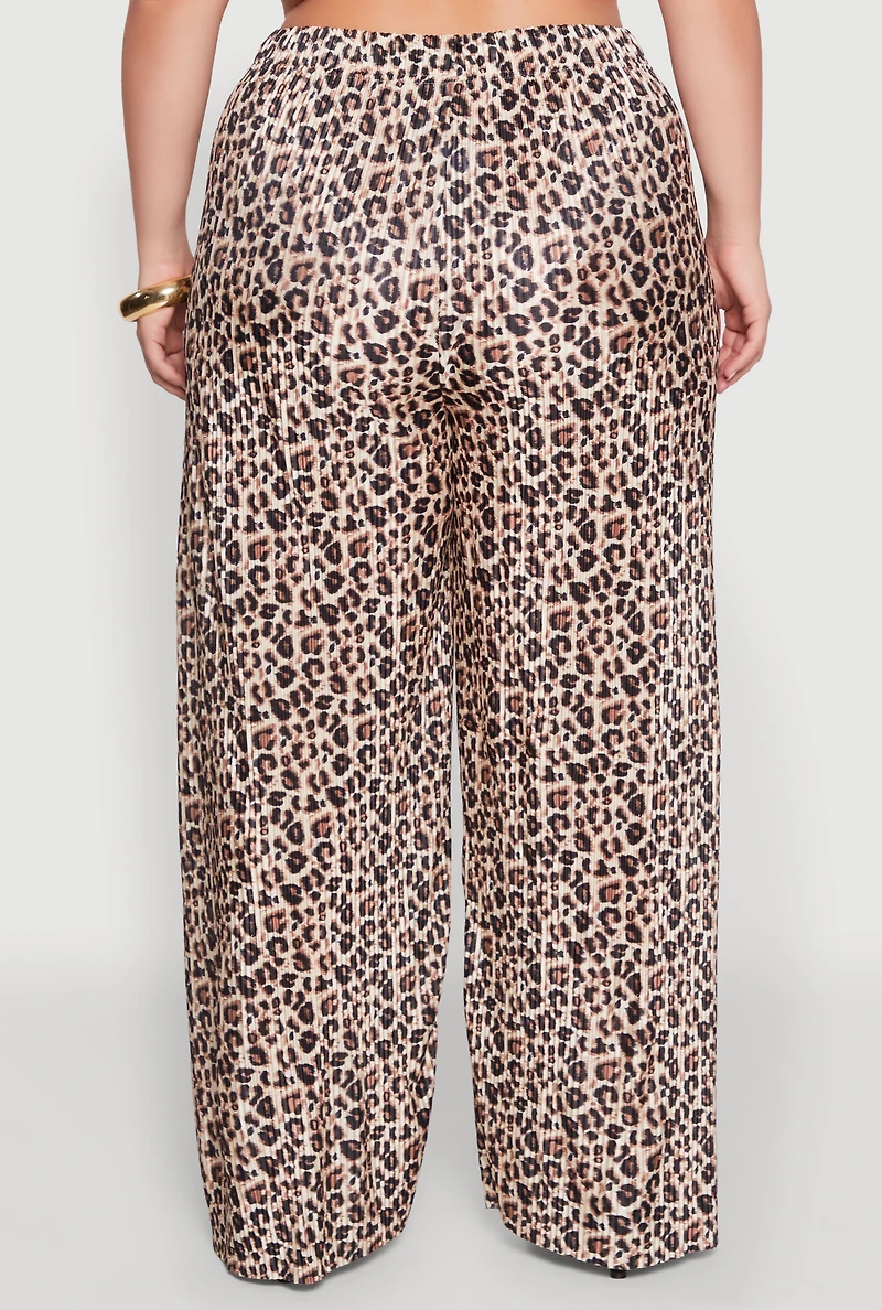 Womens Plus Size Plisse Leopard Print Palazzo Pants, Multi, Size 1X