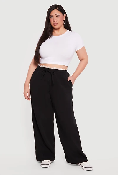 Plus Lace Trim High Waisted Wide Leg Sweatpants