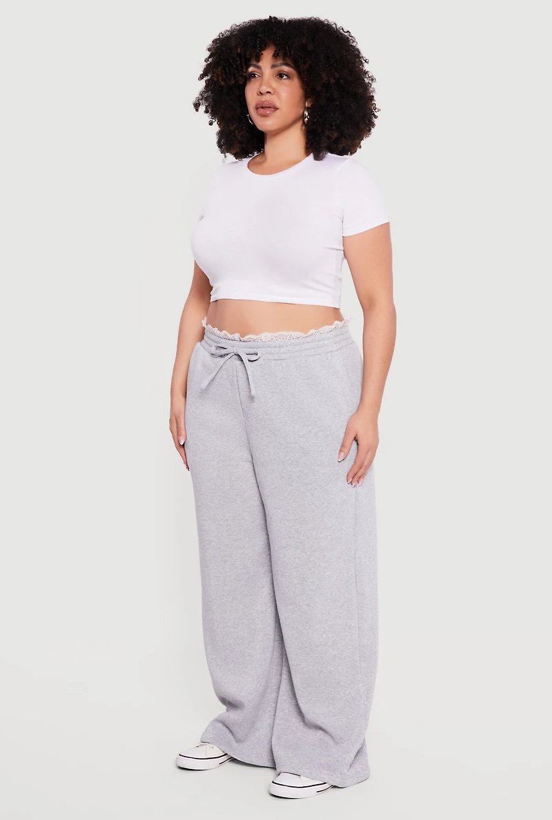 Plus Lace Trim High Waisted Wide Leg Sweatpants