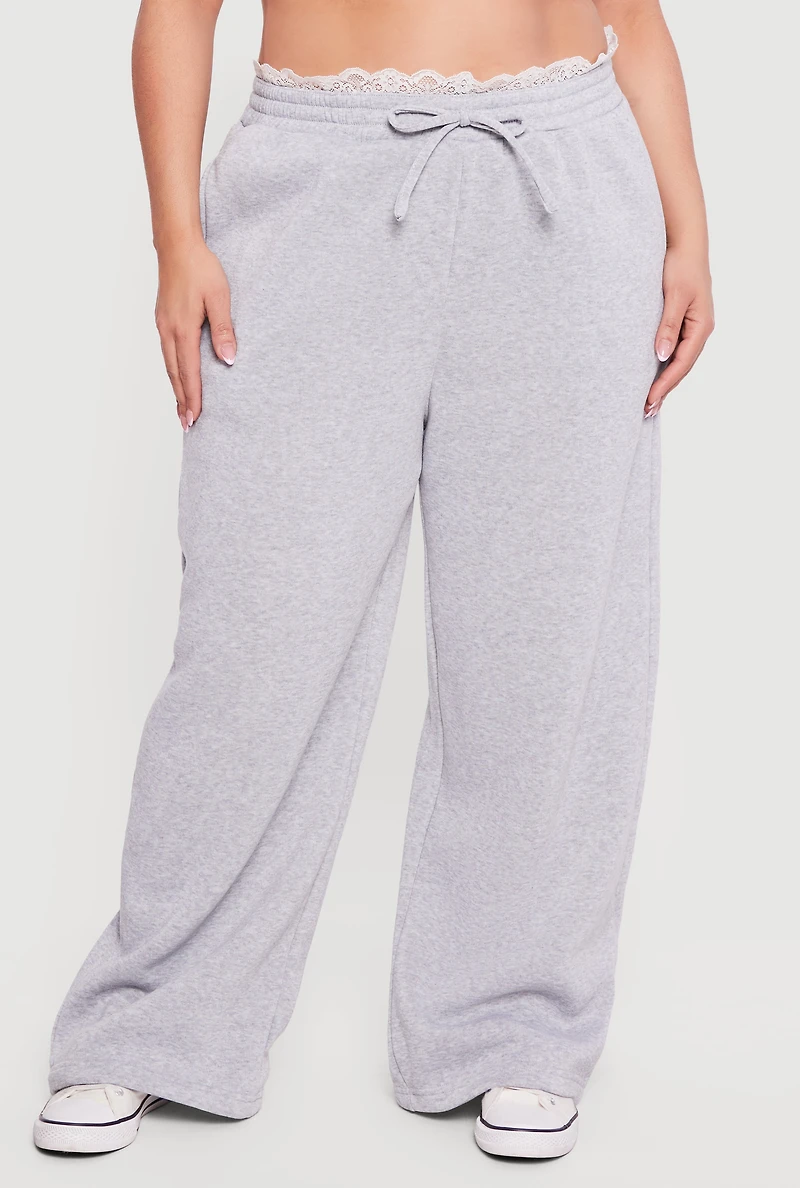 Plus Lace Trim High Waisted Wide Leg Sweatpants