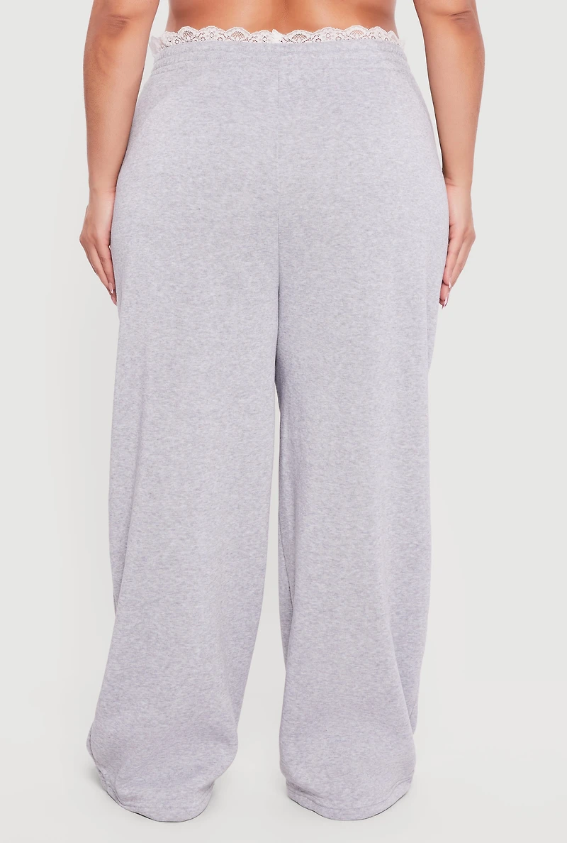 Plus Lace Trim High Waisted Wide Leg Sweatpants