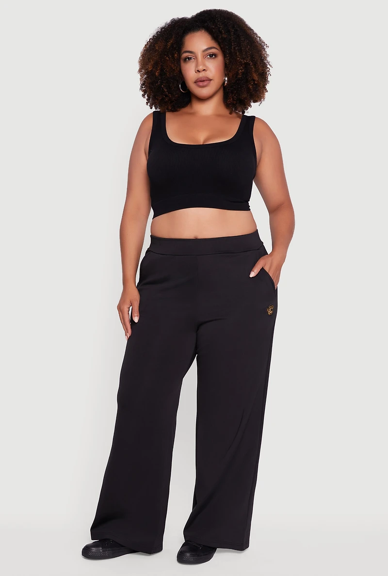 Womens Plus Size Fleece Lined Metallic Patch Wide Leg Pants, Black, Size 3X