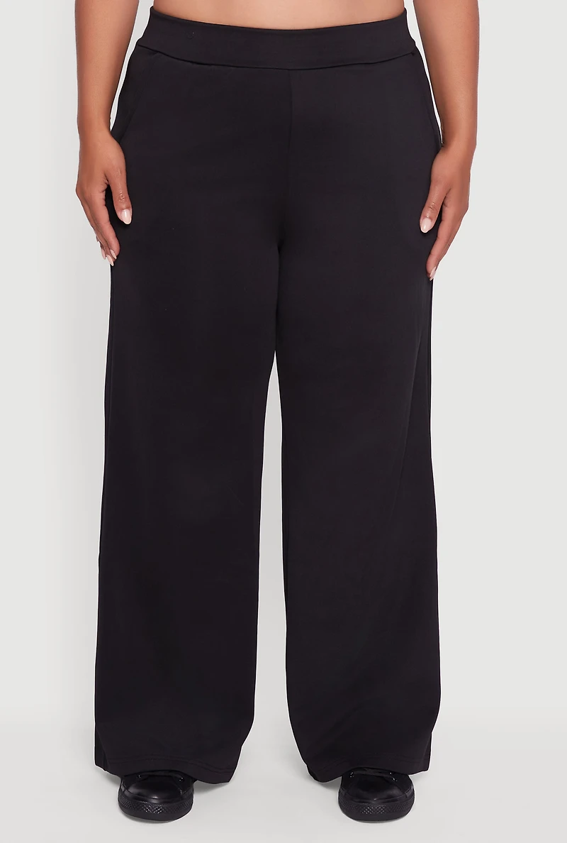 Womens Plus Size Fleece Lined Metallic Patch Wide Leg Pants, Black, Size 3X