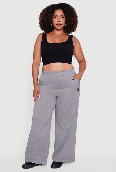 Womens Plus Size Fleece Lined Metallic Patch Wide Leg Pants, Grey, Size 1X