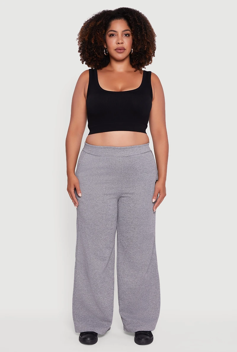 Womens Plus Size Fleece Lined Metallic Patch Wide Leg Pants, Grey, Size 1X