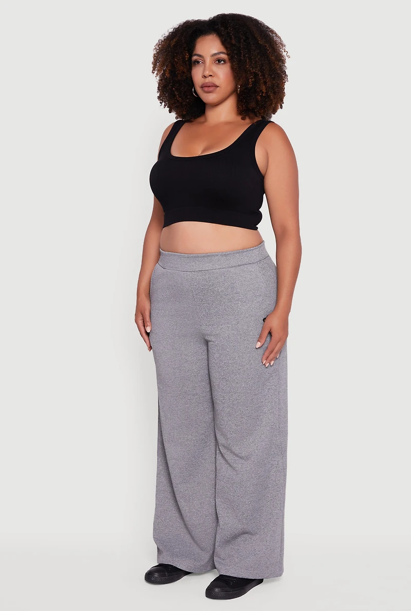 Womens Plus Size Fleece Lined Metallic Patch Wide Leg Pants, Grey, Size 1X
