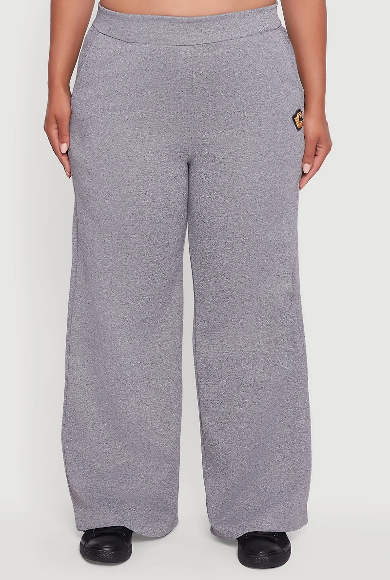 Womens Plus Fleece Lined Metallic Patch Wide Leg Pants, Grey,