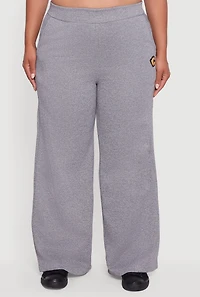 Womens Plus Fleece Lined Metallic Patch Wide Leg Pants, Grey,