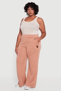Womens Plus Size Fleece Lined Metallic Patch Wide Leg Pants, Brown, Size 2X