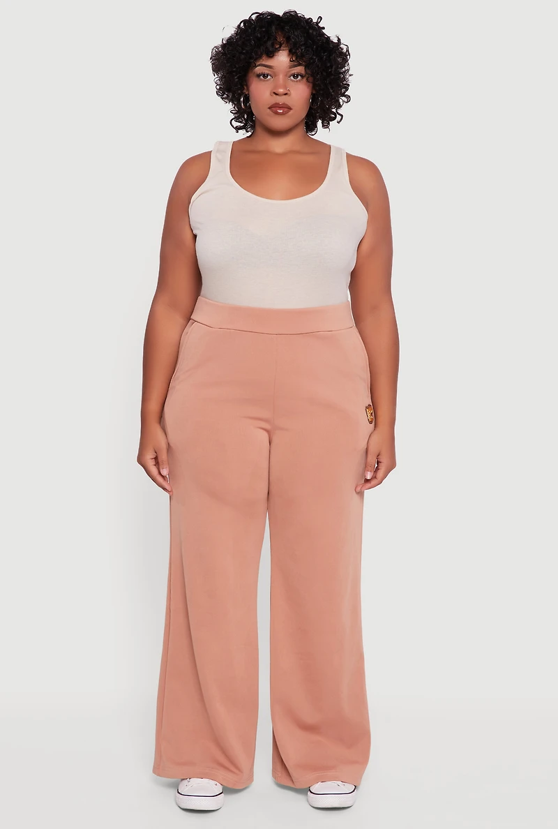 Womens Plus Size Fleece Lined Metallic Patch Wide Leg Pants, Brown, Size 2X