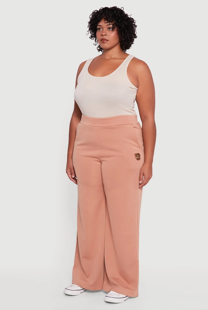 Womens Plus Size Fleece Lined Metallic Patch Wide Leg Pants, Brown, Size 2X