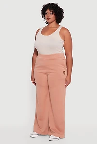 Womens Plus Size Fleece Lined Metallic Patch Wide Leg Pants, Brown, Size 2X