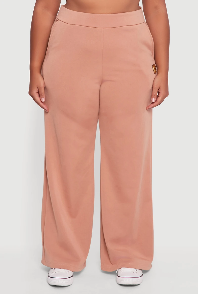 Womens Plus Size Fleece Lined Metallic Patch Wide Leg Pants, Brown, Size 2X