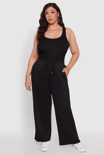 Womens Plus Drawstring Waist Wide Leg Pants, 2X