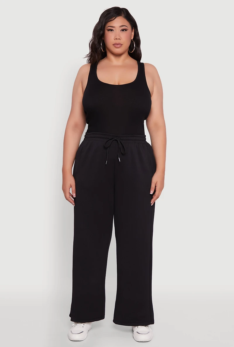 Womens Plus Size Drawstring Waist Wide Leg Pants, Black, Size 1X