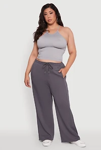 Womens Plus Size Drawstring Waist Wide Leg Pants, Grey, Size 2X