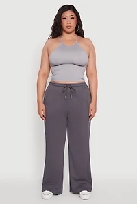 Womens Plus Size Drawstring Waist Wide Leg Pants, Grey, Size 2X
