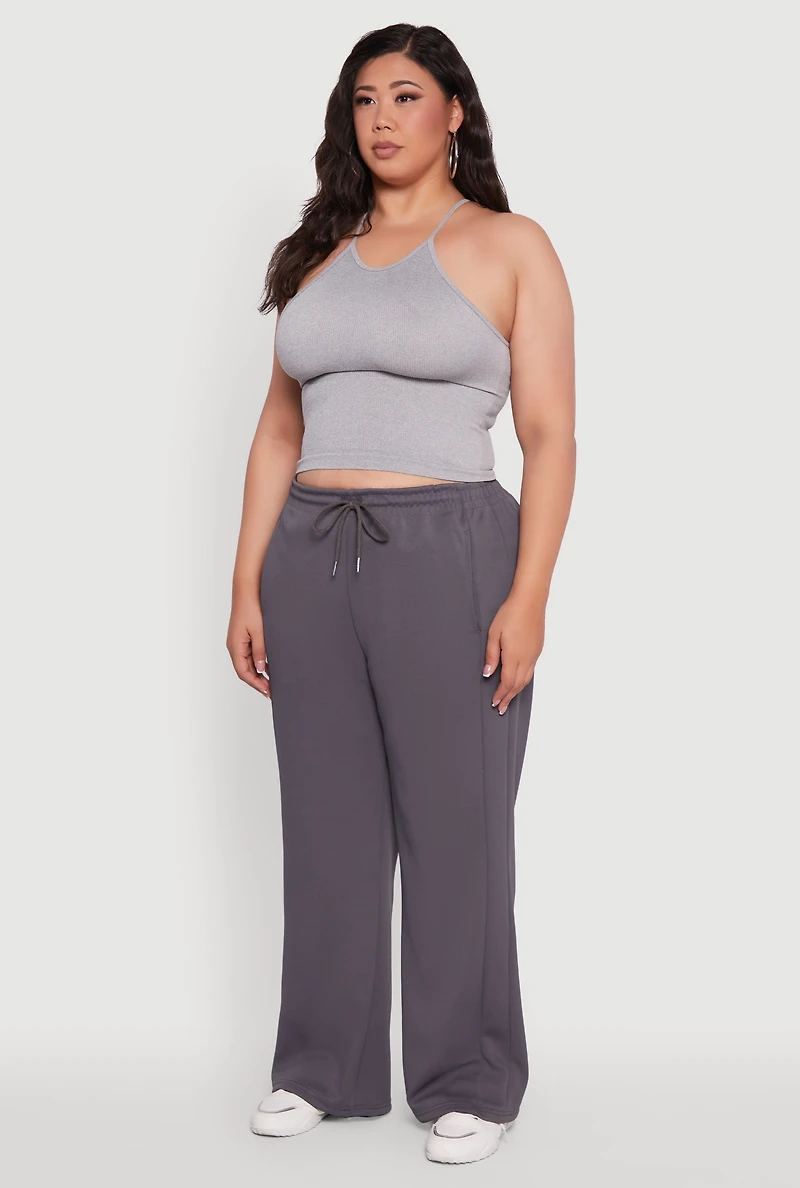 Womens Plus Size Drawstring Waist Wide Leg Pants, Grey, Size 2X