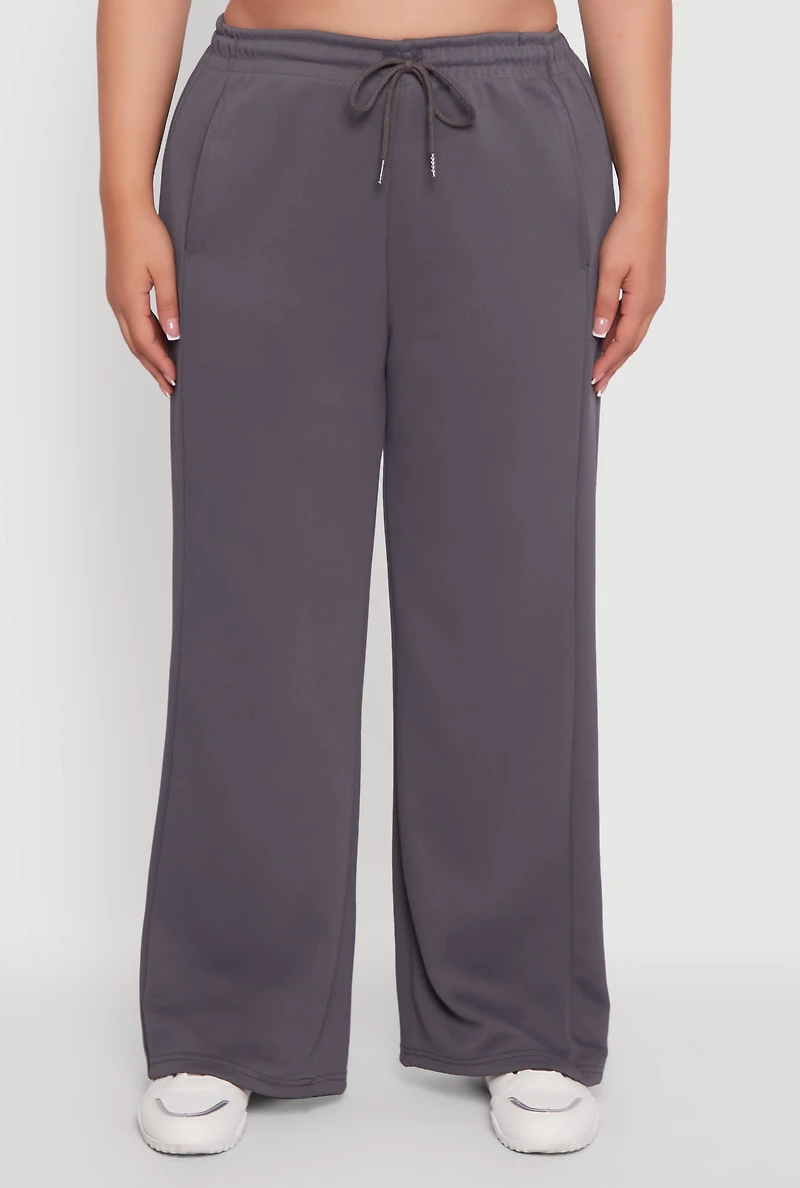 Womens Plus Size Drawstring Waist Wide Leg Pants, Grey, Size 1X