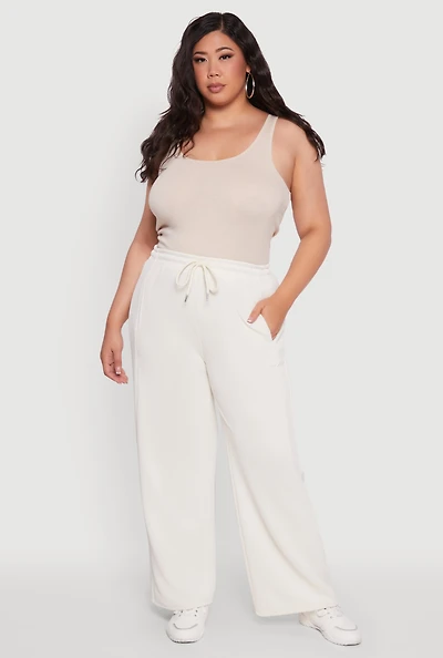 Womens Plus Drawstring Waist Wide Leg Pants, Khaki,