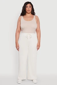 Womens Plus Drawstring Waist Wide Leg Pants, Khaki,