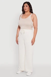 Womens Plus Drawstring Waist Wide Leg Pants, Khaki,