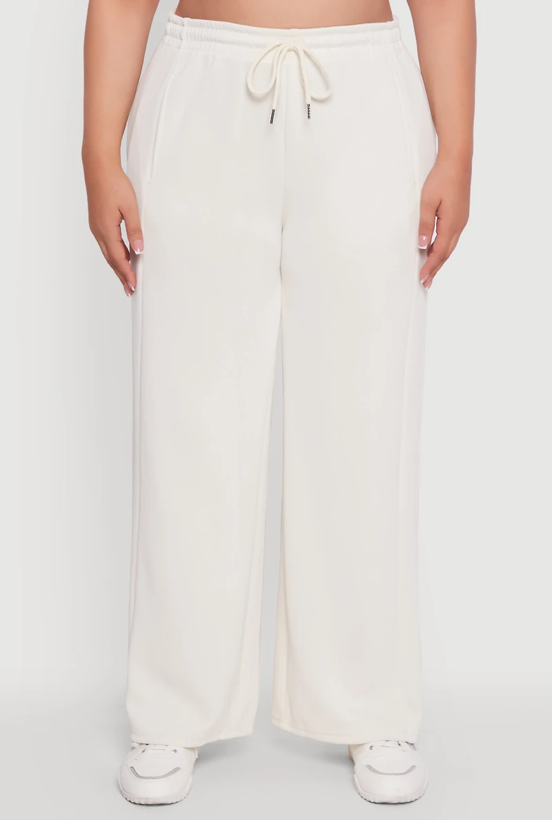 Womens Plus Drawstring Waist Wide Leg Pants, Khaki,