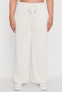 Womens Plus Drawstring Waist Wide Leg Pants, Khaki,