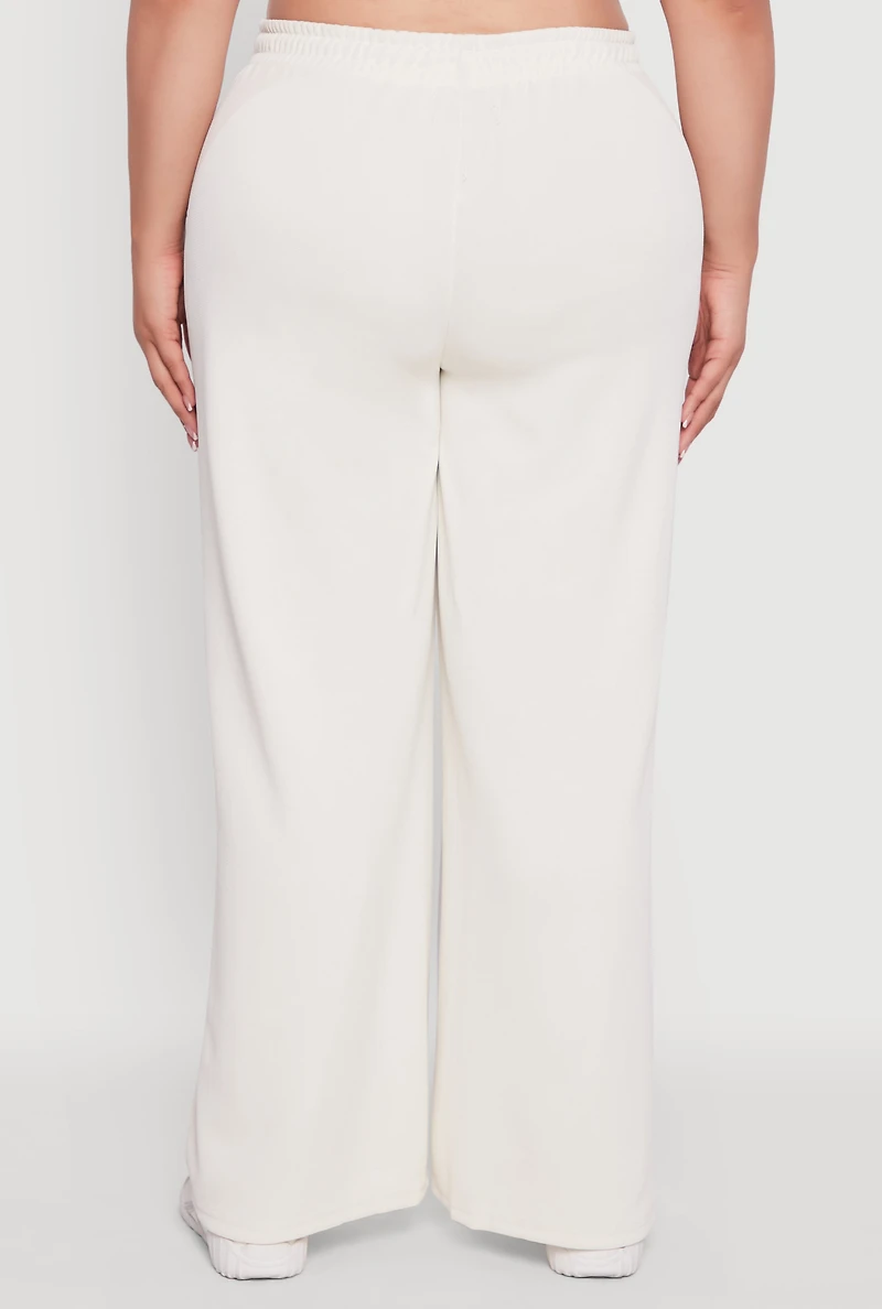 Womens Plus Drawstring Waist Wide Leg Pants, Khaki,