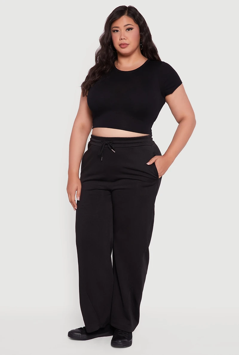 Womens Plus Fleece Lined Wide Leg Sweatpants with Pockets,