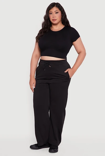 Womens Plus Fleece Lined Wide Leg Sweatpants with Pockets,