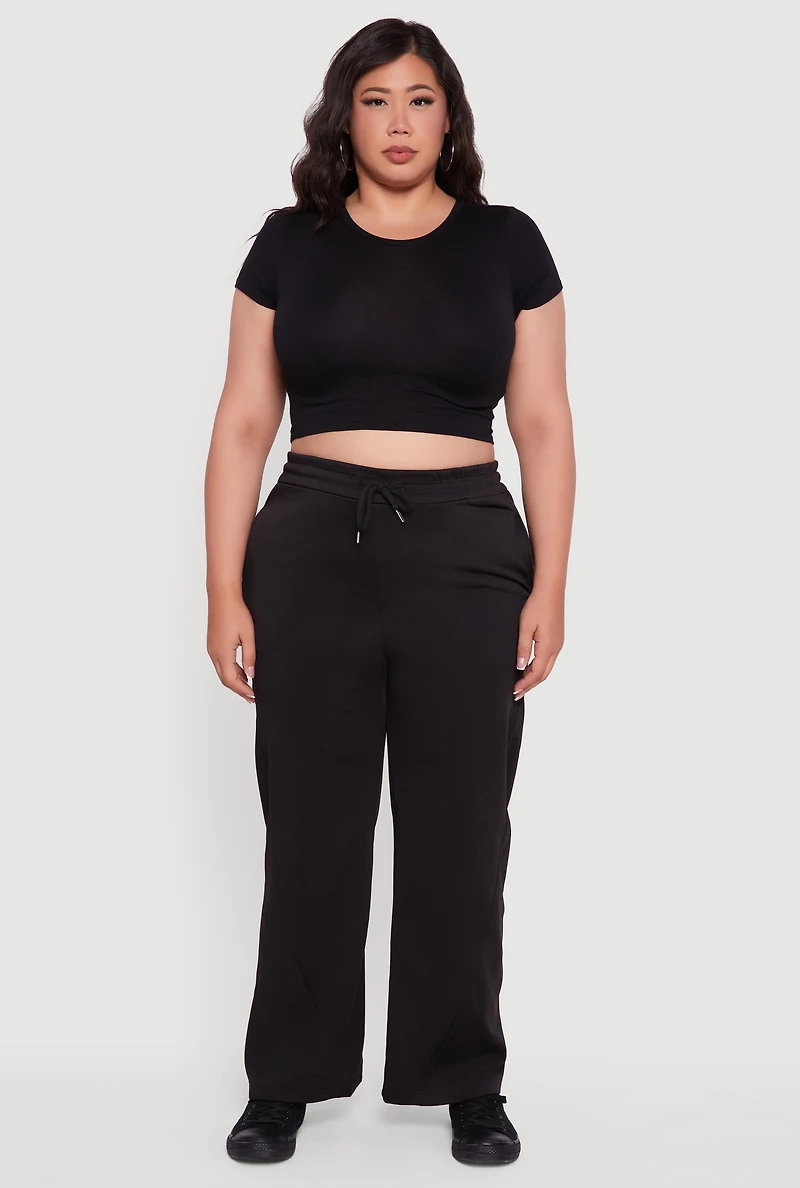 Womens Plus Fleece Lined Wide Leg Sweatpants with Pockets,