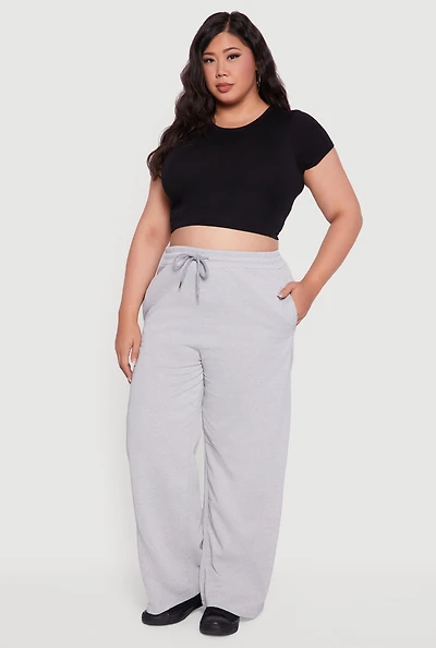 Womens Plus Size Fleece Lined Wide Leg Sweatpants with Pockets, Grey, Size 3X