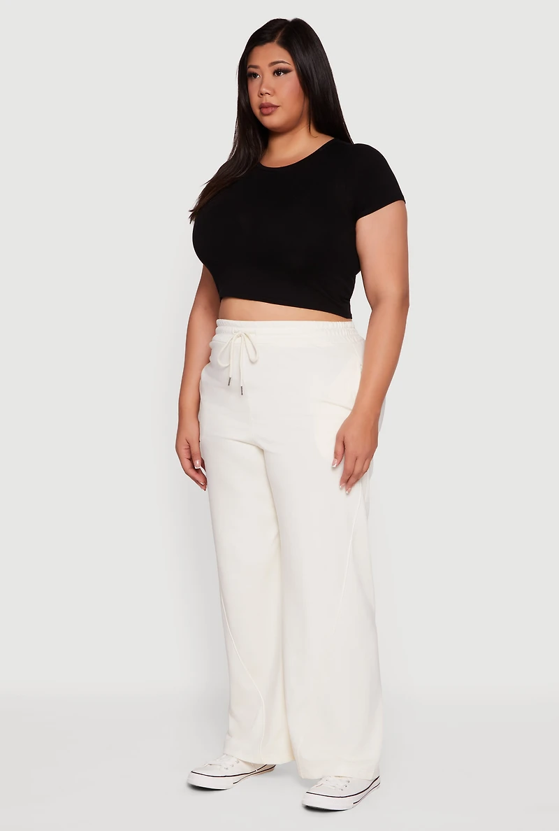 Plus Fleece Lined Wide Leg Sweatpants with Pockets