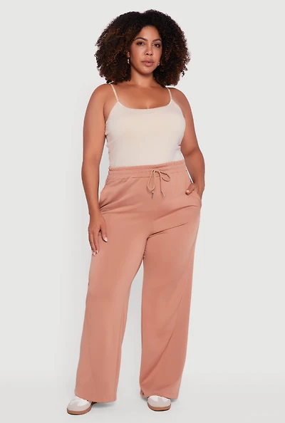 Womens Plus Fleece Lined Wide Leg Sweatpants with Pockets,