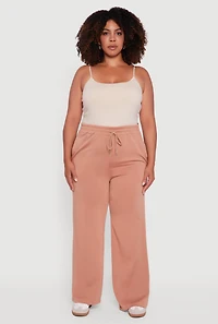 Womens Plus Fleece Lined Wide Leg Sweatpants with Pockets, Brown,