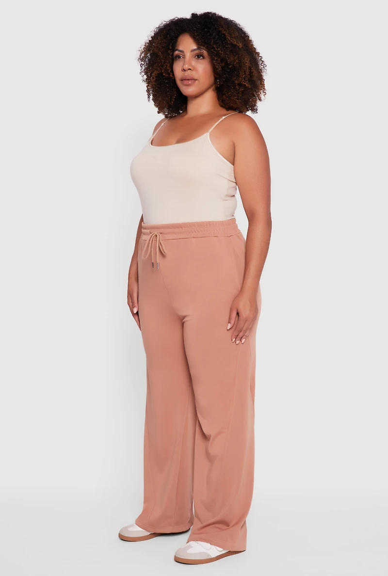 Womens Plus Fleece Lined Wide Leg Sweatpants with Pockets, Brown,