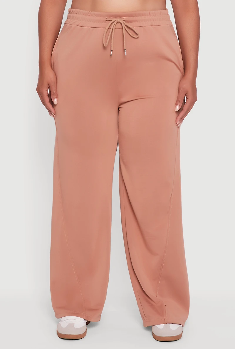 Womens Plus Fleece Lined Wide Leg Sweatpants with Pockets, Brown,