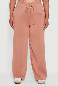 Womens Plus Fleece Lined Wide Leg Sweatpants with Pockets, Brown,