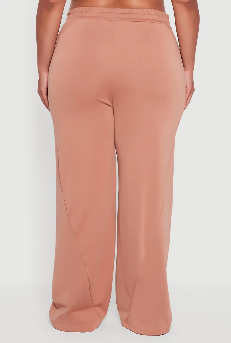 Womens Plus Size Fleece Lined Wide Leg Sweatpants with Pockets, Brown, Size 1X